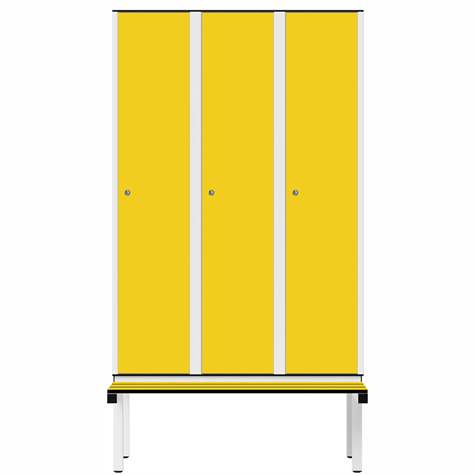 Garderobenschrank aus HPL für Nassbereiche, 3 x 400 mm, mit Bank, Drehriegel, Türfarbe Gelb