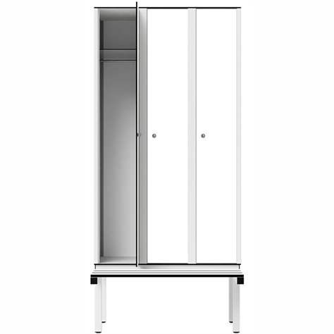 Garderobenschrank aus HPL für Nassbereiche, 3 x 300 mm, mit Bank, Drehriegel, Türfarbe Weiß