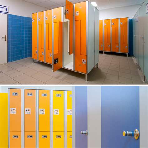 Garderobenschrankaus HPL für Nassbereiche 'Z', 2 x 400 mm, 4 Füße, Drehriegel, Türfarbe Gelb - Bild5