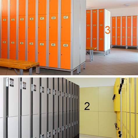 Garderobenschrank aus HPL für Nassbereiche, geteilt, 6 Fächer, B. 600 mm, 4 Füße, Drehriegel, Farbe Gelb - Bild6