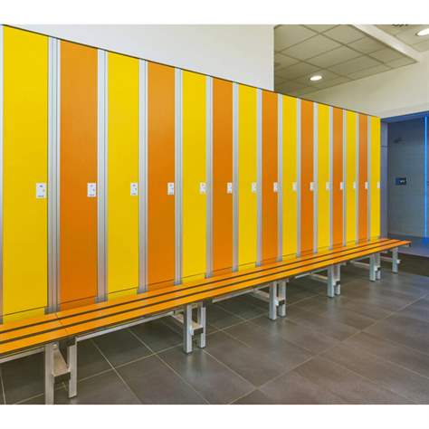 Garderobenschrank aus HPL für Nassbereiche, 2 x 400 mm, mit Bank, Zylinderschloß, Türfarbe Blau - Bild5