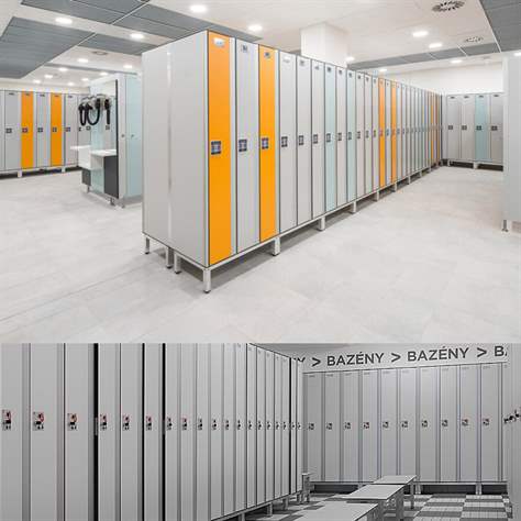 Garderobenschrank aus HPL für Nassbereiche, 2 x 400 mm, 4 Füße, Drehriegel, Türfarbe Gelb - Bild4