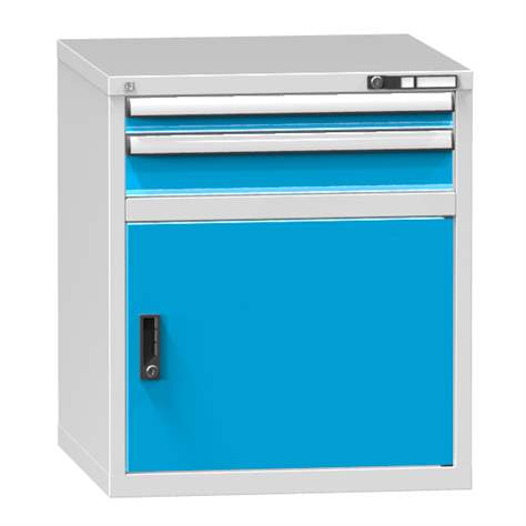 Dílenská skříňka KOMBI, v x š x h: 840 x 731 x 780 mm, 1 x dvířka, 2 x zásuvka, barva šedá RAL7035/modrá RAL5012 - Polak CZ, s.r.o.