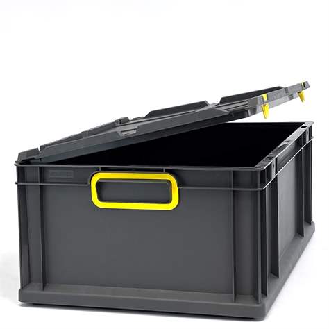 Euro přepravka CYCLE se sklopným víkem, 600x400x220 mm, barva antracit-žlutá