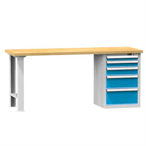 Banc de atelier KOMBI, lxLxH: 1500x700x880, 1 modul dulap atașabil sub banc, 5 sertare, gri RAL7035/ albastru RAL5012 - Polak CZ, s.r.o.