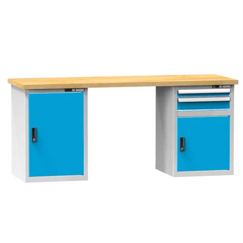 Banc de atelier KOMBI, lxLxH: 2000x800x880, 2 module dulap atașabile sub banc, 2 sertare, gri RAL7035/albastru RAL5012 - Polak CZ, s.r.o.