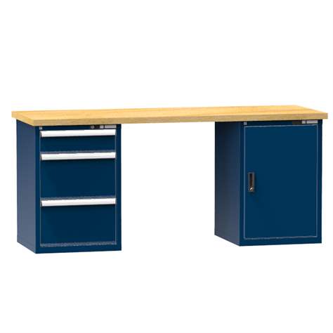 Banc de atelier KOMBI, lxLxH: 2000x800x880, 2 module dulap atașabile sub banc, 3 sertare, albastru închis RAL5010 - Polak CZ, s.r.o.