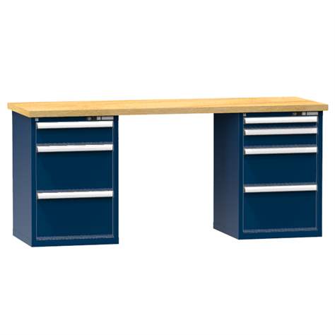 Banc de atelier KOMBI, lxLxH: 2000x800x880, 2 module dulap atașabile sub banc, 7 sertare, albastru închis RAL5010 - Polak CZ, s.r.o.