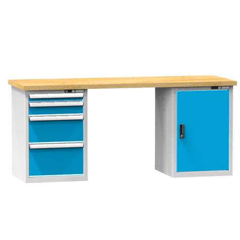 Banc de atelier KOMBI, lxLxH: 2000x800x880, 2 module dulap atașabile sub banc, 4 sertare, gri RAL7035/albastru RAL5012 - Polak CZ, s.r.o.