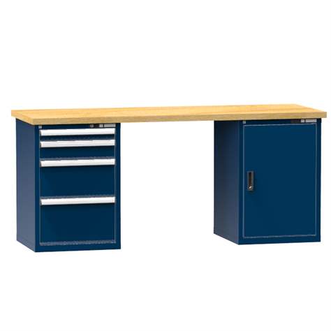 Banc de atelier KOMBI, lxLxH: 2000x800x880, 2 module dulap atașabile sub banc, 4 sertare, albastru închis RAL5010 - Polak CZ, s.r.o.