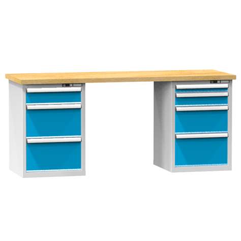 Banc de atelier KOMBI, lxLxH: 2000x800x880, 2 module dulap atașabile sub banc, 7 sertare, gri RAL7035/albastru RAL5012 - Polak CZ, s.r.o.