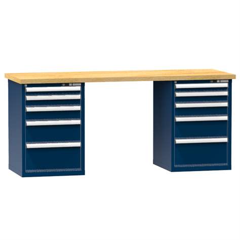 Banc de atelier KOMBI, lxLxH: 2000x800x880, 2 module dulap atașabile sub banc, 10 sertare, albastru închis RAL5010 - Polak CZ, s.r.o.