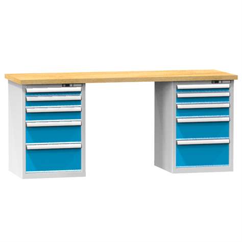Banc de atelier KOMBI, lxLxH: 2000x800x880, 2 module dulap atașabile sub banc, 10 sertare, gri RAL7035/albastru RAL5012 - Polak CZ, s.r.o.