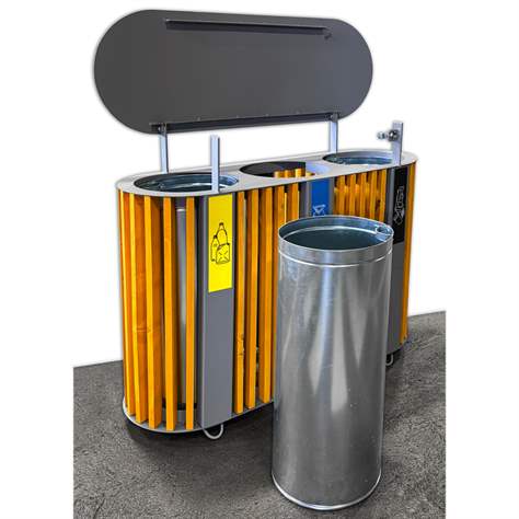 Coș colector selectiv de deșeuri cu șipci de lemn în nuanță aurie de pin, cu capac, volum 3 x 50 l, înălțime 940 mm - imagine3