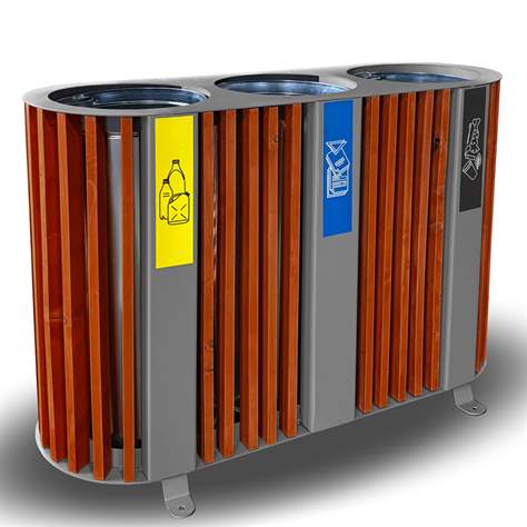 Coș colector selectiv de deșeuri cu șipci de lemn în nuanță aurie de mahon, volum 3 x 50 l, înălțime 800 mm