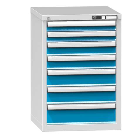 Zásuvková dílenská skříňka, 7 x zásuvka, v x š x h: 840 x 578 x 630 mm, barva šedá RAL7035/modrá RAL5012 - Polak CZ, s.r.o.