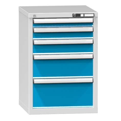Dílenská skříňka KOMBI, 5 x zásuvka, v x š x h: 840 x 578 x 630 mm, barva šedá RAL7035/modrá RAL5012 - Polak CZ, s.r.o.