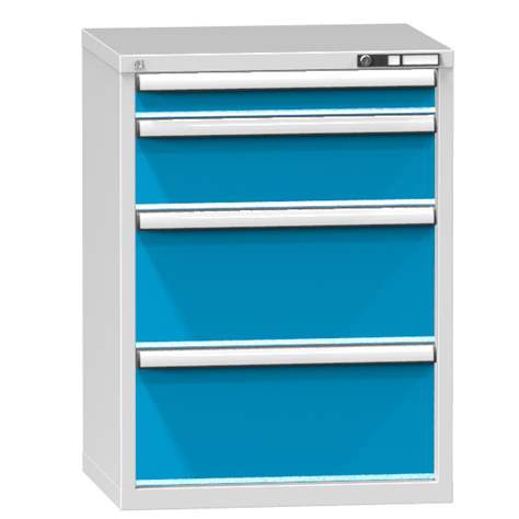Schubladenschrank für Werkstatt, HxBxT: 990 x 731 x 630 mm, 4 x Schubladen, Farbe grau RAL7035/blau RAL5012 - Polak CZ, s.r.o.