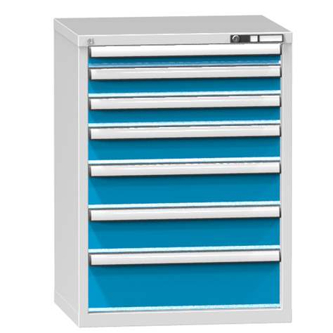 Schubladenschrank für Werkstatt, HxBxT: 990 x 731 x 630 mm, 7 x Schubladen, Farbe grau RAL7035/blau RAL5012 - Polak CZ, s.r.o.