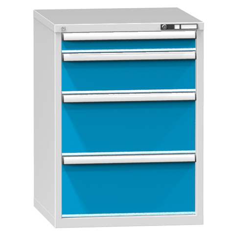 Schubladenschrank für Werkstatt, HxBxT: 990 x 731 x 780 mm, 4 x Schubladen, Farbe grau RAL7035/blau RAL5012 - Polak CZ, s.r.o.
