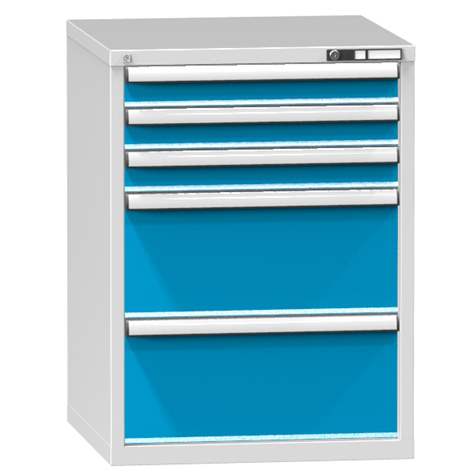 Schubladenschrank für Werkstatt, HxBxT: 990 x 731 x 780 mm, 5 x Schubladen, Farbe grau RAL7035/blau RAL5012 - Polak CZ, s.r.o.
