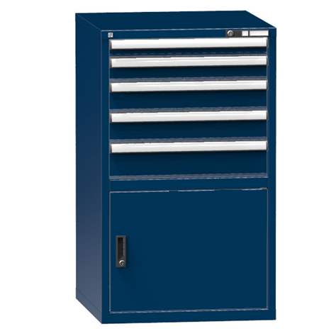 Schubladenschrank für Werkstatt, HxBxT: 1215 x 731 x 780 mm, 5 x Schubladen, 1 x Schrank, Farbe dunkelblau RAL5010 - Polak CZ, s.r.o.