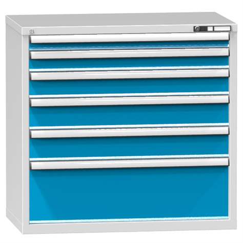 Schubladenschrank für Werkstatt, HxBxT: 990 x 1037 x 630 mm, 6 x Schubladen, Farbe grau RAL7035/blau RAL5012 - Polak CZ, s.r.o.