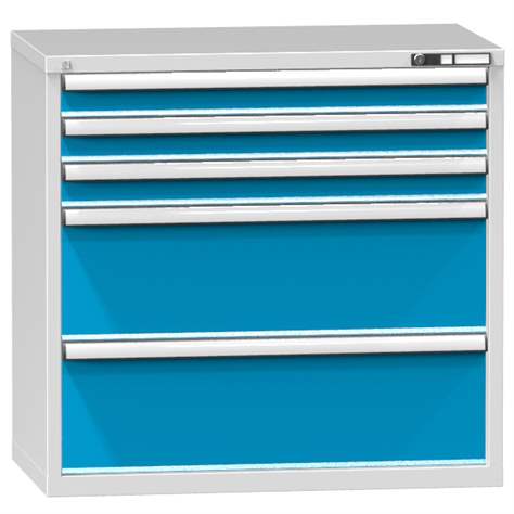 Schubladenschrank für Werkstatt, HxBxT: 990 x 1037 x 630 mm, 5 x Schubladen, Farbe grau RAL7035/blau RAL5012 - Polak CZ, s.r.o.