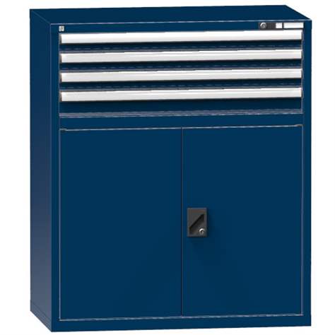 Schubladenschrank für Werkstatt, HxBxT: 1215 x 1037 x 630 mm, 4 x Schubladen, 1 x Schrank, Farbe dunkelblau RAL5010 - Polak CZ, s.r.o.