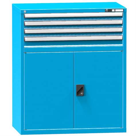 Schubladenschrank für Werkstatt, HxBxT: 1215 x 1037 x 630 mm, 4 x Schubladen, 1 x Schrank, Farbe blau RAL5012 - Polak CZ, s.r.o.