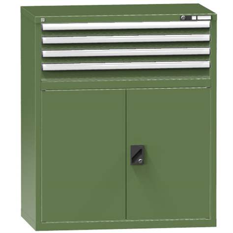 Zásuvková dielenská skriňa, v x š x h: 1215 x 1037 x 630 mm, 4 x zásuvka, 1 x skrinka, farba zelená RAL6011 - Polak CZ, s.r.o.