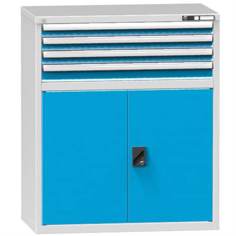 Schubladenschrank für Werkstatt, HxBxT: 1215 x 1037 x 630 mm, 4 x Schubladen, 1 x Schrank, Farbe grau RAL7035/blau RAL5012 - Polak CZ, s.r.o.