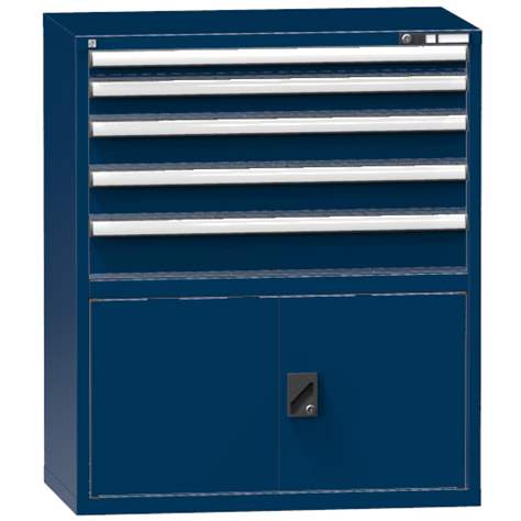 Schubladenschrank für Werkstatt, HxBxT: 1215 x 1037 x 630 mm, 5 x Schubladen, 1 x Schrank, Farbe dunkelblau RAL5010 - Polak CZ, s.r.o.