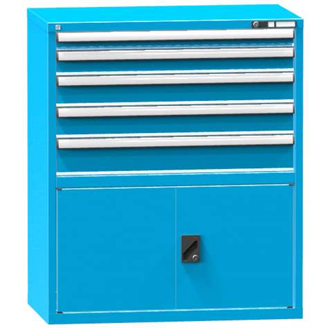 Schubladenschrank für Werkstatt, HxBxT: 1215 x 1037 x 780 mm, 5 x Schubladen, 1 x Schrank, Farbe blau RAL5012 - Polak CZ, s.r.o.