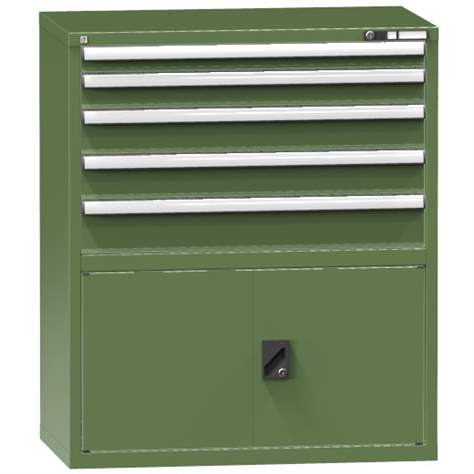 Schubladenschrank für Werkstatt, HxBxT: 1215 x 1037 x 630 mm, 5 x Schubladen, 1 x Schrank, Farbe grün RAL6011 - Polak CZ, s.r.o.