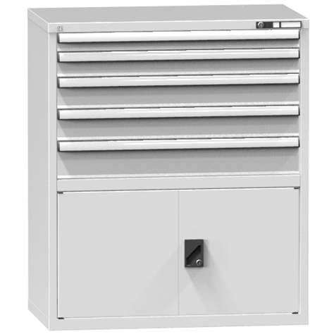 Schubladenschrank für Werkstatt, HxBxT: 1215 x 1037 x 780 mm, 5 x Schubladen, 1 x Schrank, Farbe grau RAL7035 - Polak CZ, s.r.o.