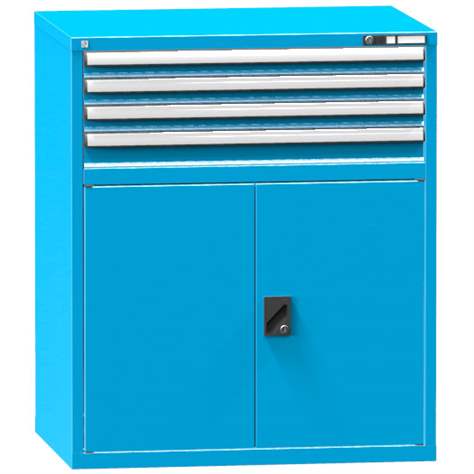 Schubladenschrank für Werkstatt, HxBxT: 1215 x 1037 x 780 mm, 4 x Schubladen, 1 x Schrank, Farbe blau RAL5012 - Polak CZ, s.r.o.
