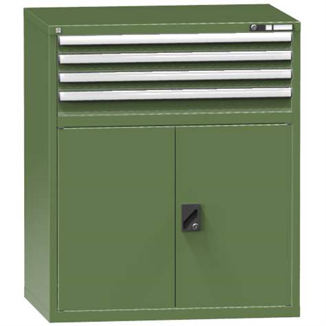 Zásuvková dielenská skriňa, v x š x h: 1215 x 1037 x 780 mm, 4 x zásuvka, 1 x skrinka, farba zelená RAL6011 - Polak CZ, s.r.o.