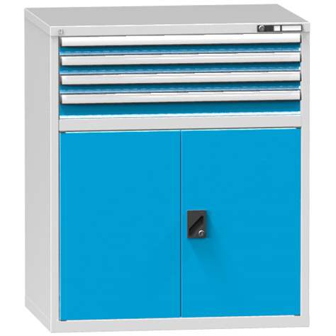 Schubladenschrank für Werkstatt, HxBxT: 1215 x 1037 x 780 mm, 4 x Schubladen, 1 x Schrank, Farbe grau RAL7035/blau RAL5012 - Polak CZ, s.r.o.