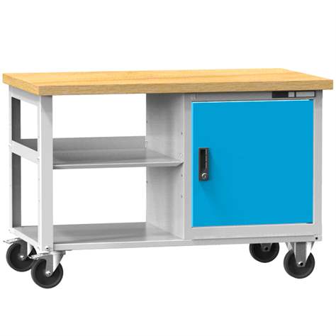 Mobilní pracovní stůl 1200 x 700 mm, nosnost 400 kg, 2 x police, 1 x dvířka, barva šedá/modrá RAL7035/5012 - Polak CZ, s.r.o.