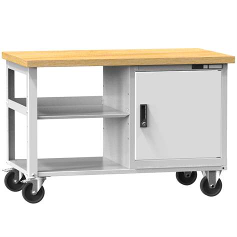 Banc de atelier 1200 x 700 mm, mobilă, cap. port. 400 kg, 2 polițe, 1 x dulap cu uși, gri deschis RAL7035 - Polak CZ, s.r.o.