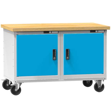 Mobilní pracovní stůl 1200 x 700 mm, nosnost 380 kg, 2 x police, 2 x dvířka, barva šedá RAL7035/modrá RAL5012 - Polak CZ, s.r.o.