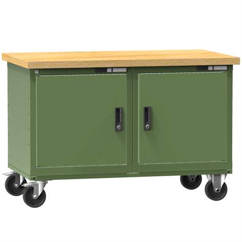 Banc mobil de atelier 1200 x 700 mm, mobilă, capacitate portantă 380 kg, 2 polițe, 2 x dulap cu uși, verde RAL6011 - Polak CZ, s.r.o.