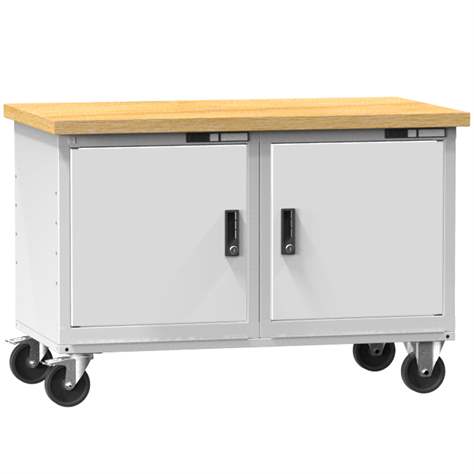 Banc de atelier 1200 x 700 mm, mobilă, capacitate portantă 380 kg, 2 polițe, 2 x dulap cu uși, gri RAL7035 - Polak CZ, s.r.o.