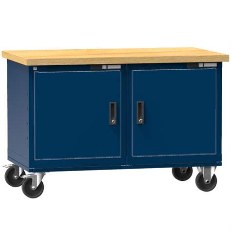 Banc de atelier 1200 x 700 mm, mobilă, capacitate portantă 380 kg, 2 polițe, 2 x dulap cu uși, albastru închis RAL5010 - Polak CZ, s.r.o.