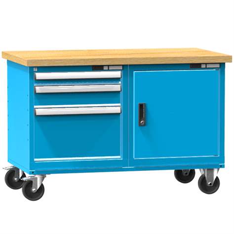Banc mobil de atelier 1200 x 700 mm, mobilă, capacitate portantă 380 kg, 1 x dulap cu uși, 3 sertare, albastru RAL5012 - Polak CZ, s.r.o.