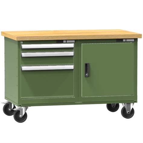 Banc mobil de atelier 1200 x 700 mm, mobilă, capacitate portantă 380 kg, 1x dulap cu uși, 3 sertare, verde RAL6011 - Polak CZ, s.r.o.