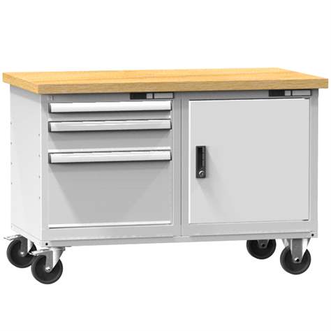 Banc de atelier 1200 x 700 mm, mobilă, capacitate portantă 380 kg, 1x dulap cu uși, 3 sertare, gri RAL7035 - Polak CZ, s.r.o.