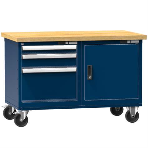 Banc de atelier 1200 x 700 mm, mobilă, capacitate portantă 380 kg, 1x dulap cu uși, 3 sertare, albastru închis RAL5010 - Polak CZ, s.r.o.