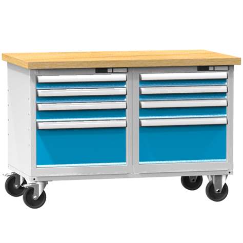 Banc mobil de atelier 1200 x 700 mm, mobilă, capacitate portantă 340 kg, 8 sertare, gri RAL7035/albastru RAL5012 - Polak CZ, s.r.o.